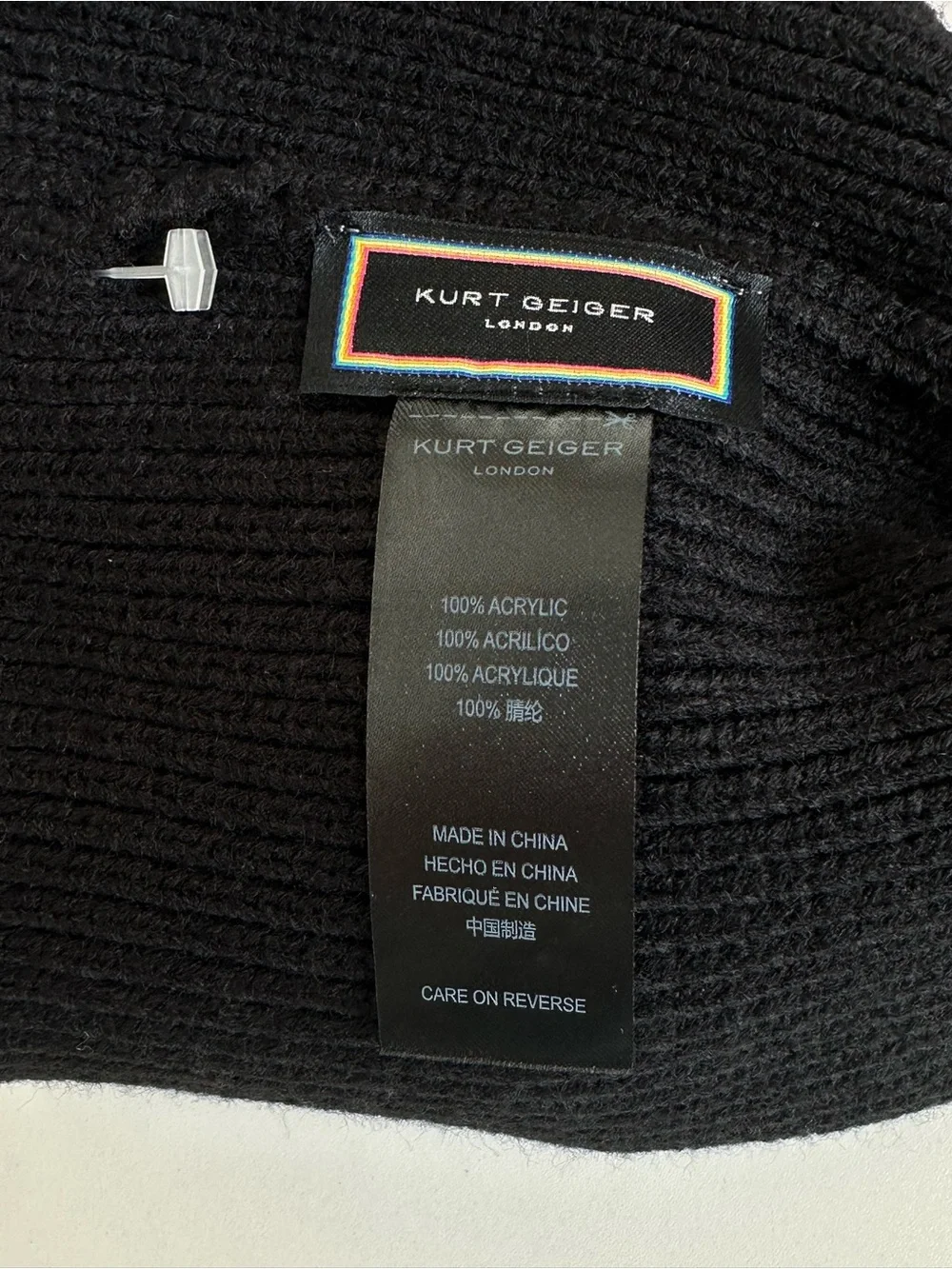 Kurt Geiger London Black Multi-Colored Crystal Logo Cuffed Ribbed Beanie NWOT